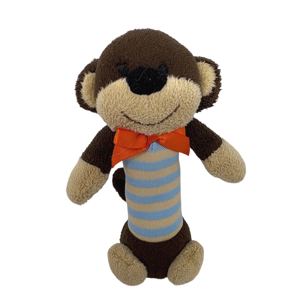 Carters Plush Monkey Squeak Brown Blue Striped Orange‎ Bow Infant Toy 5.5in